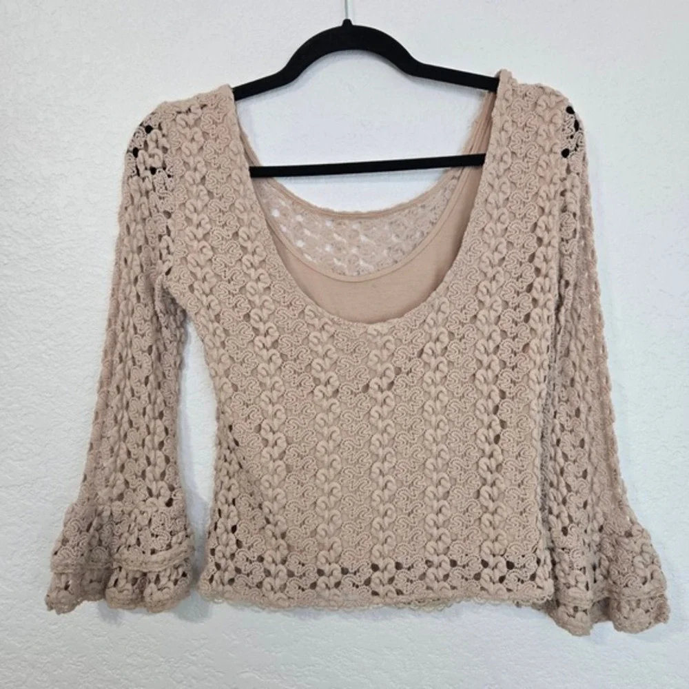 Free People Beige Crochet Bell Sleeve Top XS Boho